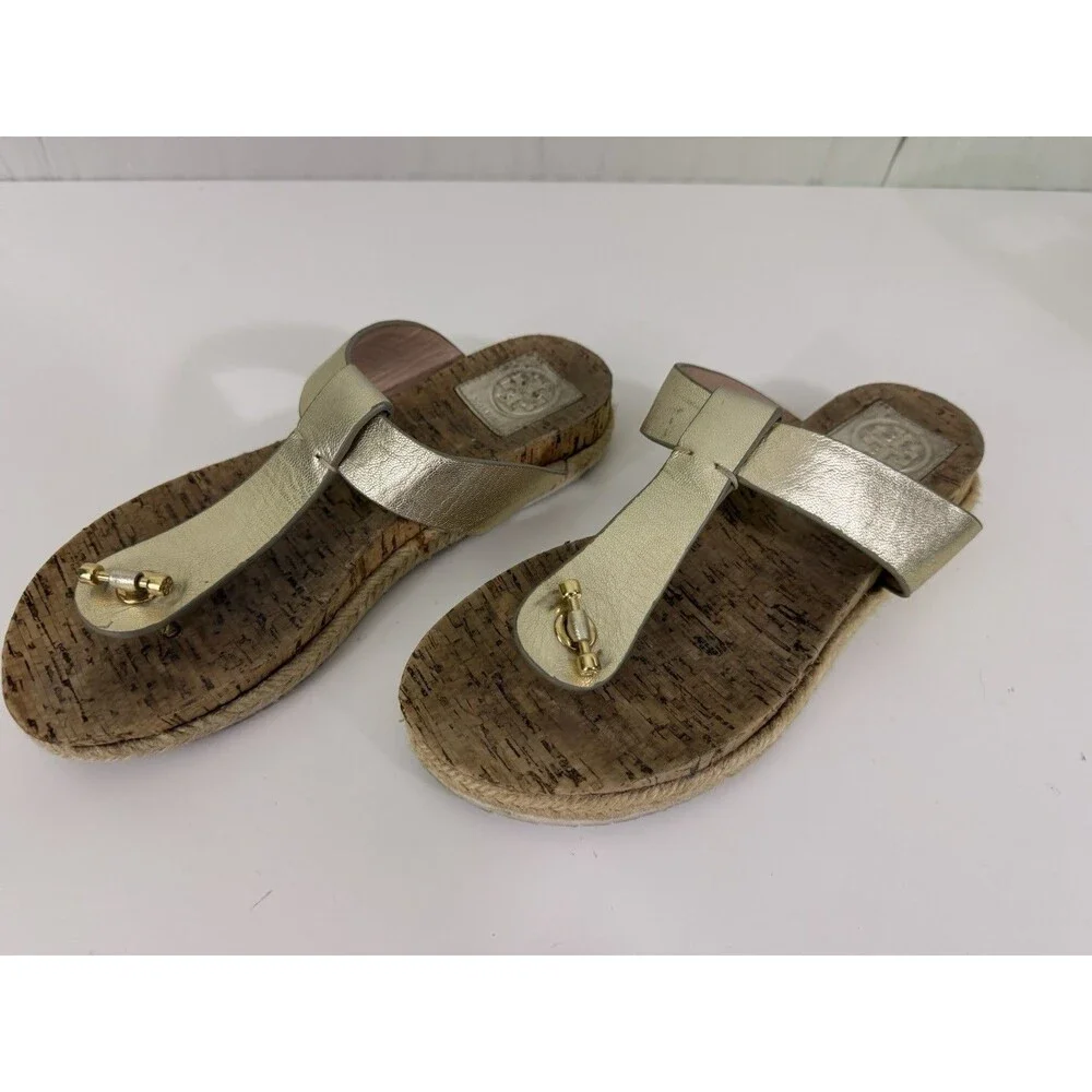 Tory Burch Metallic Gold Cork Thong Sandals Espadrille Jute Wrap Sz 7 Resortwear